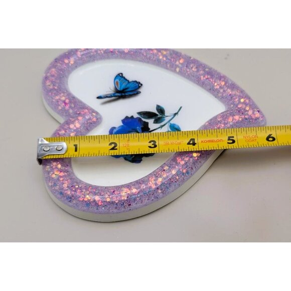 Purple Glitter Heart-Shaped Trinket Dish Blue Rose & Butterfly Design - Picture 6 of 8